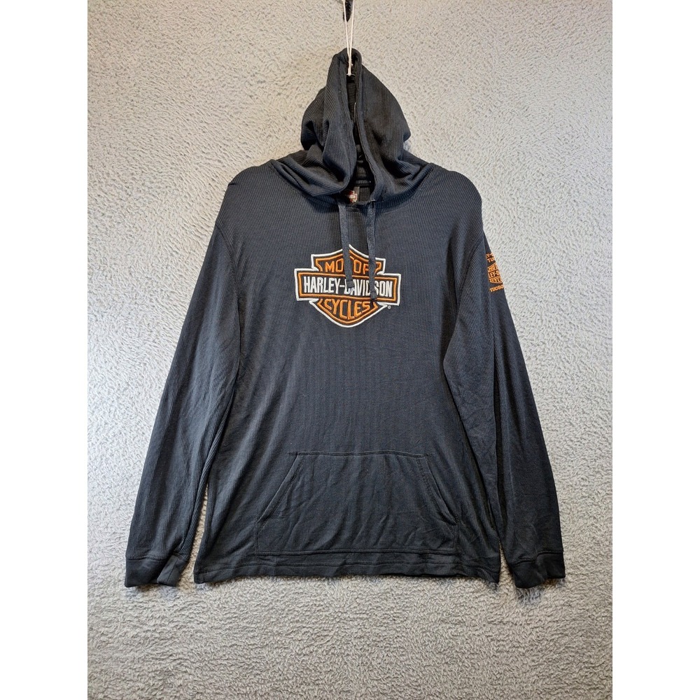 Harley-Davidson Hoodie Mens Large Black Waffle Knit Tucson AZ Logo Motorcycles‎